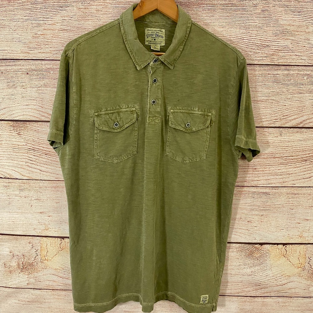 Lucky Brand Army Green Distressed 2 Pocket Slub Knit Polo L